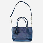 Tory Burch Thea Navy Blue Pebbled Leather Convertible Tote Shoulder Bag Chain VG