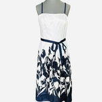 Dressbarn Navy Blue White Floral Belted Fit Flare Midi Dress Women Size 10 EXC