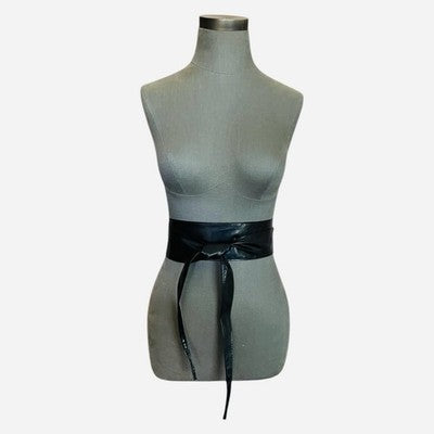 Women's Black Faux Leather Obi Belt Wide Wrap Around Self Tie Sash Waistband 84”