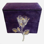 Elegant Clear Glass Rose Figurine Gold Leaf Accents Purple Velvet Gift Box VG
