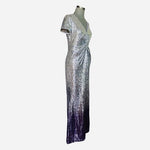 Calvin Klein Sequined Ombre Maxi Dress Silver Purple V-Neck Ball Gown Size 8