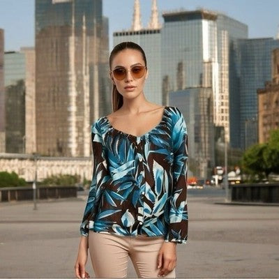 Tommy Bahama Silk Cotton Off Shoulder Blouse XXS Blue Brown Plants Top $138 NWT