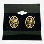 Vintage Damascene Toledo Spain Bird Floral Oval Stud Earrings Gold Inlay EXC