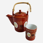 Vintage Chinese Red White Porcelain Tea Set Kettle 4 Cups Bamboo Tray Taiwan VG