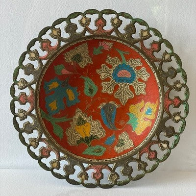 Antique Indian Hand-Painted Metal Gupta Bowl Plate 8.3" Collectible Very Good