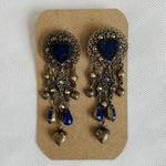 Vintage Bohemian Ethnic Heart Dangle Earrings Royal Blue & Gold Very Good