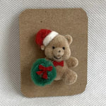 Vintage Flocked Velvet Teddy Bear Christmas Pin Holiday Collectible