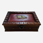 Vintage Wood Brass Leather Jewelry Box 10” Mini Chest Storage Case Velvet Lined