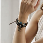 Tree of Life Charm Brown Leather Double Layer Beaded Bracelet Unisex Adjustable