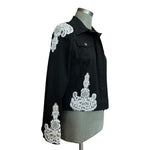 Vintage Rafaella Black Denim Jacket Sz 10 Lace Bead Sequin Trim Button Custom VG