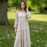 Polagram Women's Beige Smocked Tiered Midi Dress M Mock Neck 3/4 Sleeve Boho VG