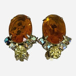 Vintage Amber Topaz Rhinestone AB Crystal Clip On Earrings Gold Tone Glam VG