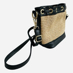 Vera Pelle Straw Woven Leather Bucket Bag Black Crossbody Purse Italy NWOT