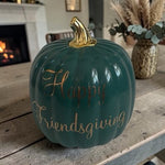 Happy Friendsgiving Ceramic Pumpkin Decor Green Gold 8x8.5 EXC Fall Thanksgiving