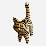 Artisan Carved Wooden Beige Black Striped Folk Art 4.5" Cat Figurine