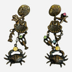 Vintage Ocean Theme Multi-Charm Dangle Stud Earrings Bronze Tone Nautical VG