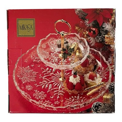 Mikasa Crystal Snowflake 2-Tier Tidbit Server Gold Handle Christmas Germany VG