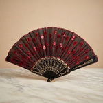 Spanish Black Red Embroidered Sequin Hand Fan 9.5" Artisan Decorative VG