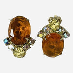Vintage Amber Topaz Rhinestone AB Crystal Clip On Earrings Gold Tone Glam VG