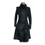 Women's Black Prima Pelle Shearling Fur Trim Wrap Coat Belted Long Jacket Size M