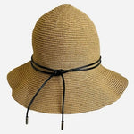 100% Linen Cloche Bucket Sun Hat Black Leather Cord Trim Tan Woven One Size VG