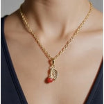 Vintage Gold-Tone Leaf and Red Cherry Bead Charm Necklace With Velvet Pouch NWOT