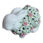 VNTG Flowered Bunny Figurine Easter Ceramic Rabbit Pink Rose White Rabbit Statue