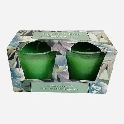 Tropical Scents Floral Bouquet Scented Candles Set of 2 Green Votives NIB