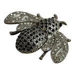 Vintage White Black Crystals Silver tone Bee Brooch 2”x1.5”