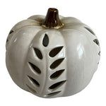 Gray Ceramic LED Light Up Pumpkin Lantern Leaf Cutout Fall Halloween Decor 9x6.5