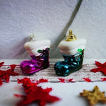 Hard Plastic Santa Boot Christmas Ornaments Holly Set of 2 Pink Teal 2" G+