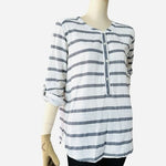 LOFT Softened Striped Henley Shirt Size L White Navy Blue Stripe Cotton VG