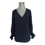 Vince Camuto Womens Blouse Size S Navy Swiss Dot V-Neck Smocked Cuff VG
