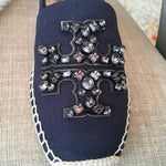 TORY BURCH Ines Embellished Logo Espadrille Flats Navy Canvas Size 5.5 NIB