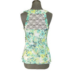 By & By Floral Ruffle Neck Sleeveless Top Lace Back Teal Yellow Womens M