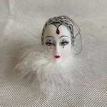 Vintage Porcelain Harlequin Clown Head Ornament Rhinestone Tiara White Feather