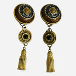 Vintage Gold Tone Metal Medallion Black Bead Tassel Clip-On Dangle Earrings G+