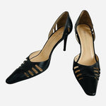 Emporio Armani Black Leather d'Orsay Heels Sz 37.5 Cutout Pointed Toe Italy VG