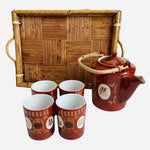 Vintage Chinese Red White Porcelain Tea Set Kettle 4 Cups Bamboo Tray Taiwan VG