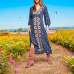 Free People Women's Blue Pink Embroidered Boho Maxi Dress XS V-Neck NWT $168