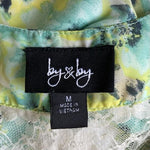 By & By Floral Ruffle Neck Sleeveless Top Lace Back Teal Yellow Womens M