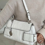 Vintage Franco Sarto White Leather Shoulder Bag Faux Croc Trim Y2K 10"x2"x6" G+