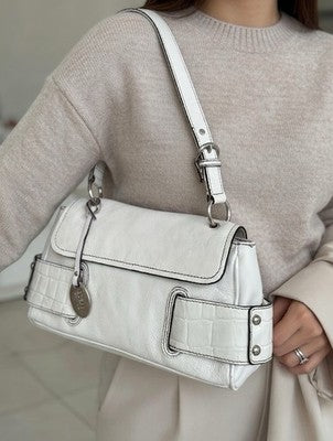 Vintage Franco Sarto White Leather Shoulder Bag Faux Croc Trim Y2K 10"x2"x6" G+