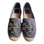 TORY BURCH Ines Embellished Logo Espadrille Flats Navy Canvas Size 5.5 NIB