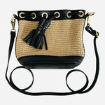 Vera Pelle Straw Woven Leather Bucket Bag Black Crossbody Purse Italy NWOT