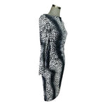 Carmen Marc Valvo Black Gray Leopard Print Ruched Midi Dress Women's Size M