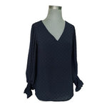 Vince Camuto Womens Blouse Size S Navy Swiss Dot V-Neck Smocked Cuff VG
