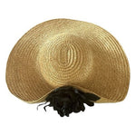 Vintage Wide Brim Natural Straw Sun Hat Black Satin Rose Flower Accent VG