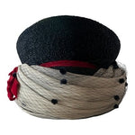 Vintage 50s 60s Dark Blue Straw Whimsy Pillbox Hat Polka Dot Net Veil Red Bow VG
