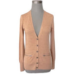 Halogen Women's Tan Merino Wool V-Neck Cardigan S Button Front Zip Pockets EXC